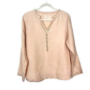 Karyn Seo Blouse Women's Large Peach Lattice Lace Linen Top Long Sleeve V Neck